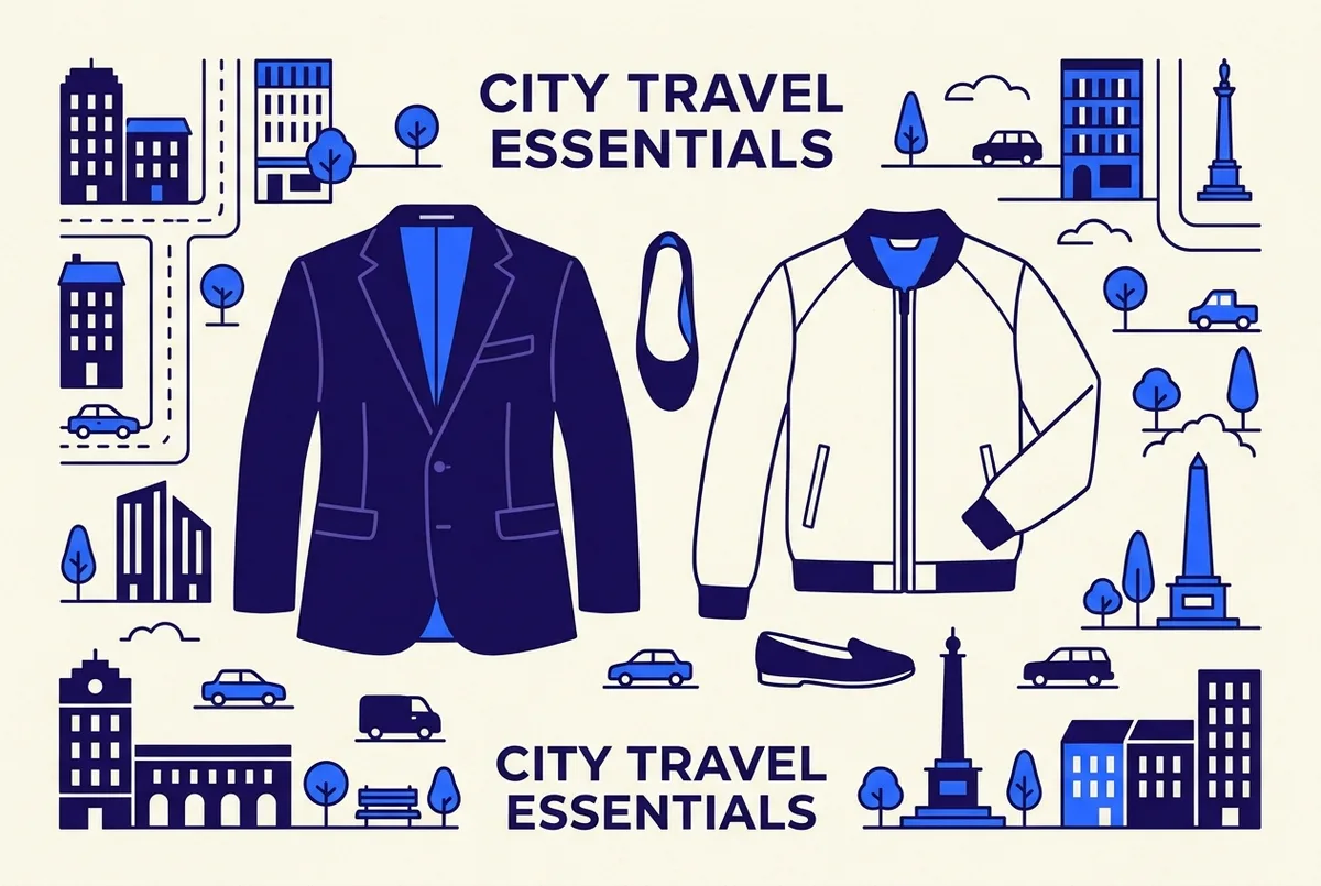 Infographic style flat-lay illustration of smart casual dinner cruise outfit pieces: a blazer, flat shoes, and a light jacket arranged on a simple background