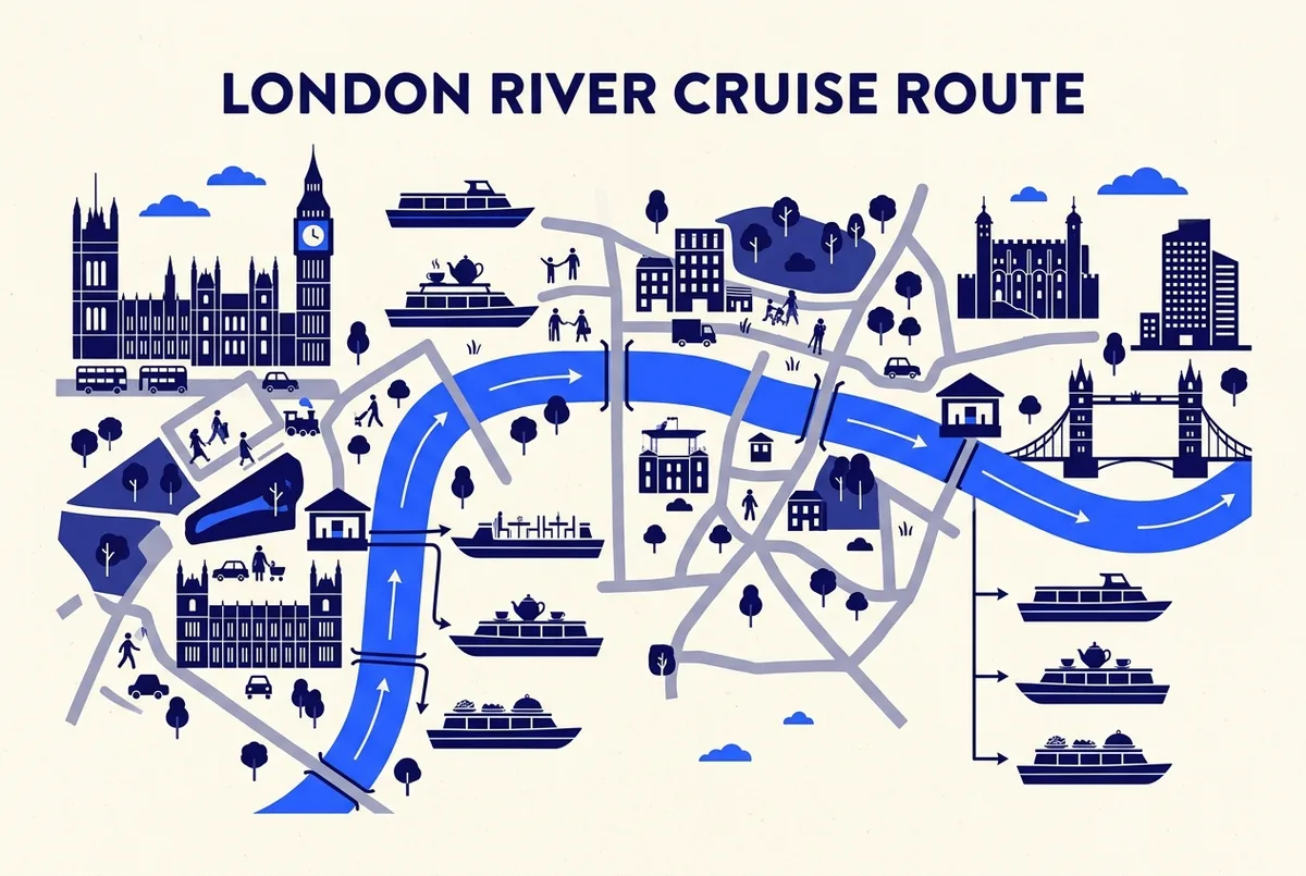 Simple route map infographic comparing Westminster Pier and Tower Pier as departure points for London's dinner, afternoon tea, and lunch river cruises