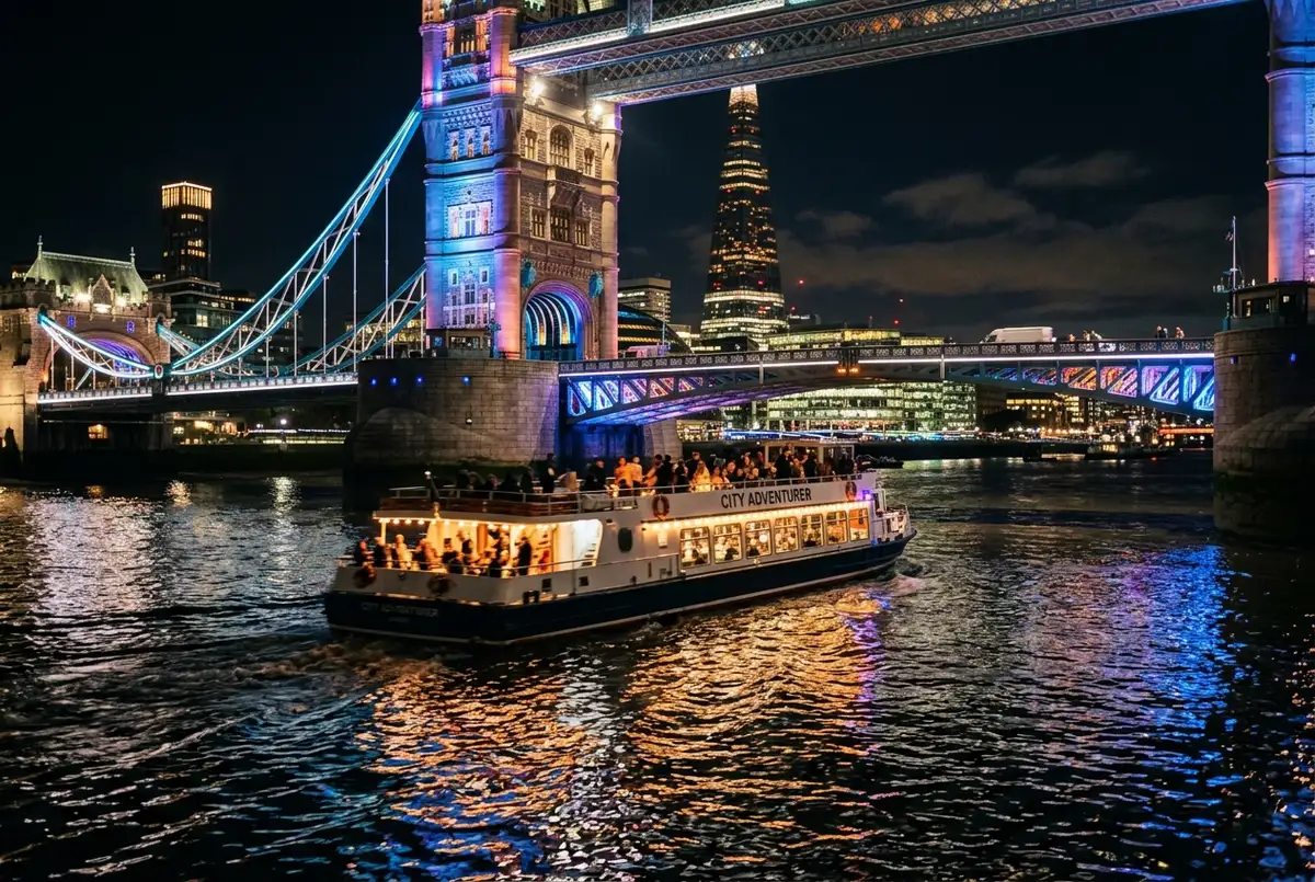 Bootsfahrt London abends unter einer beleuchteten Themse-Brücke bei Nacht mit bunter LED-Beleuchtung, die sich im Wasser spiegelt