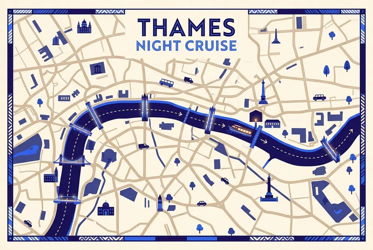 Einfache Karten-Infografik mit neun beleuchteten Brücken entlang der Route einer Bootsfahrt London abends ab dem Tower Pier