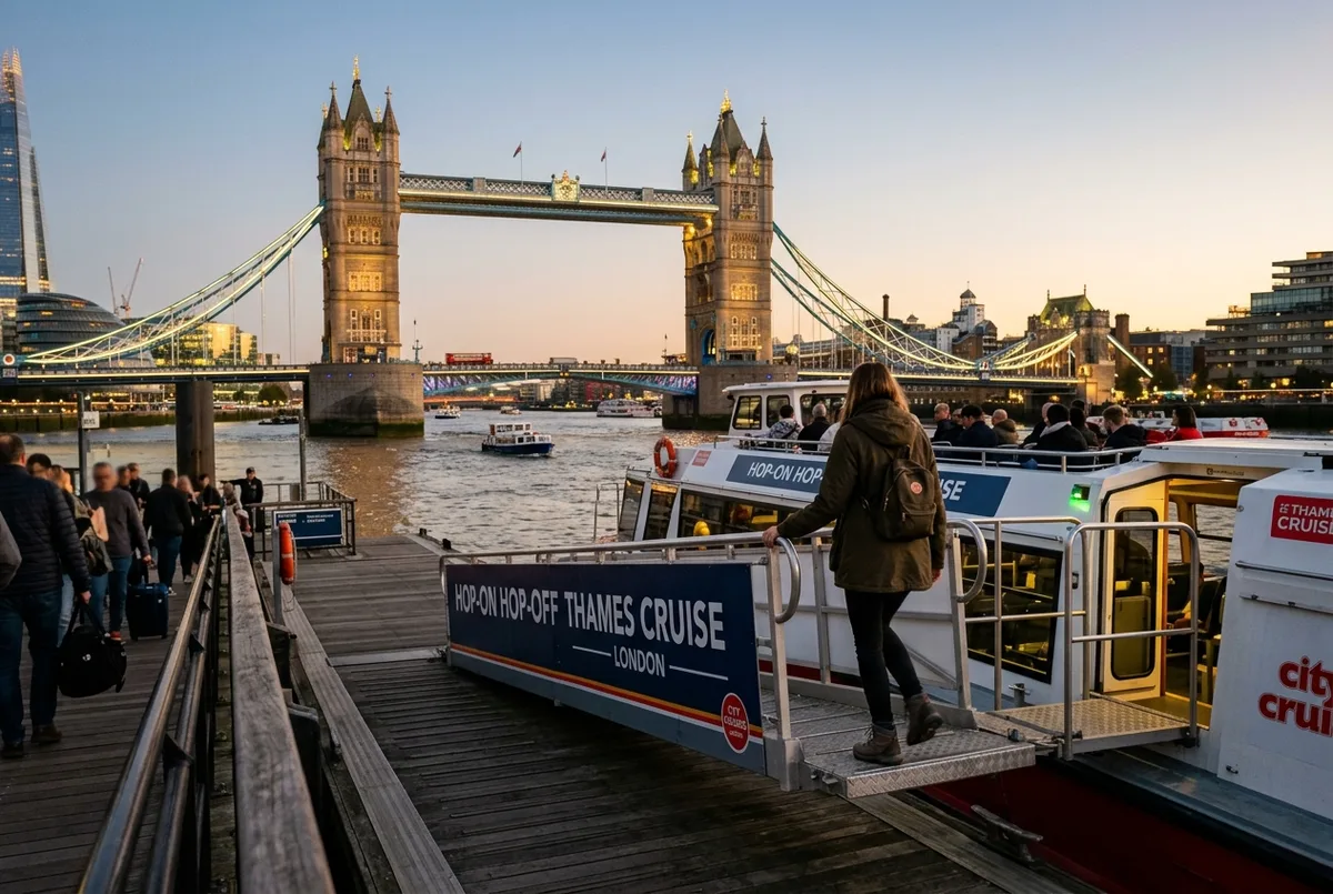 Voyageur descendant d'un bateau de croisière hop on hop off sur la Tamise sur un ponton de Londres avec Tower Bridge visible derrière, scène croisière hop on hop off sur la tamise