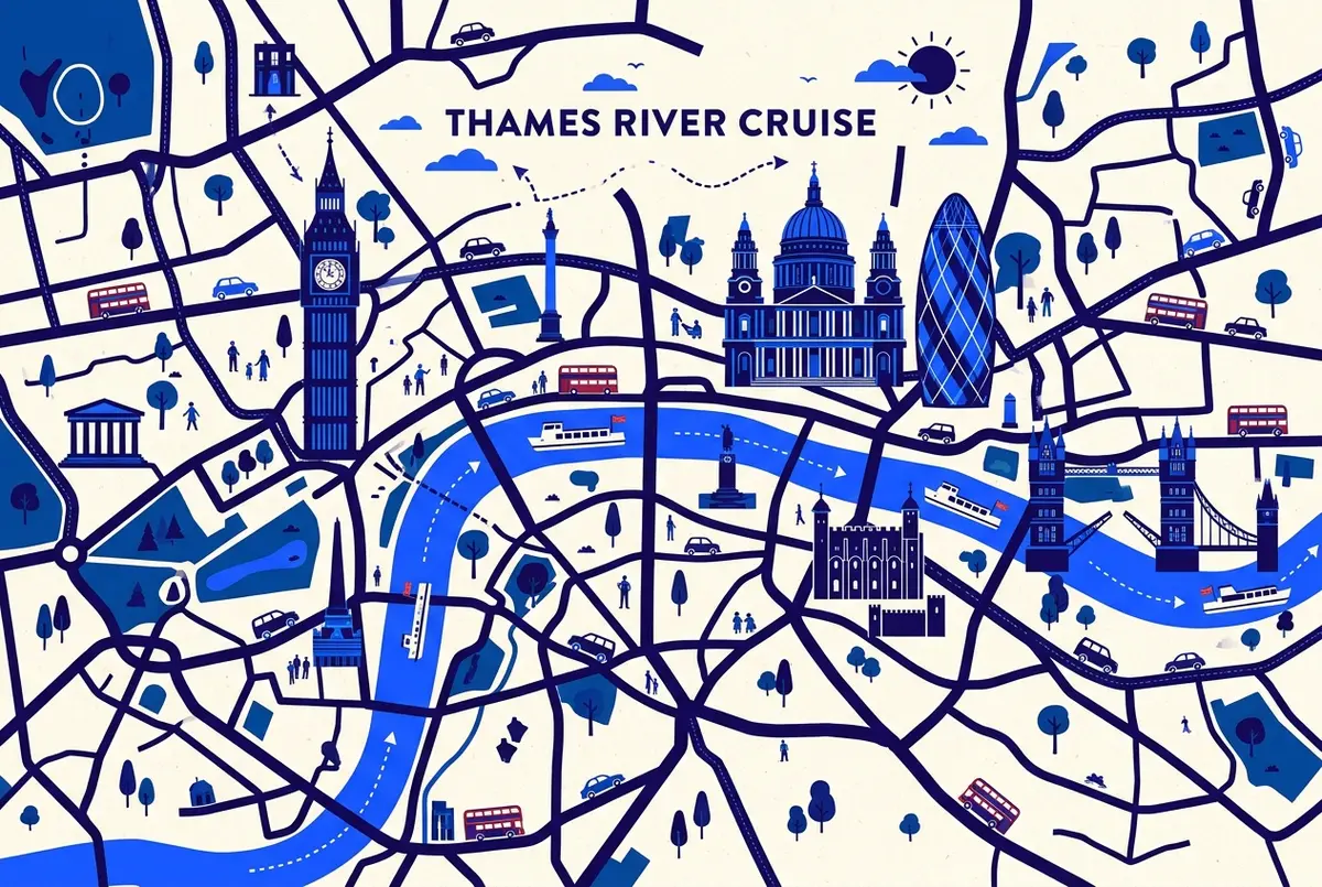 illustrated map of London highlights for Thames Hop-On Hop-Off River Cruise: Is It Worth It?, hop on hop off thames river cruise