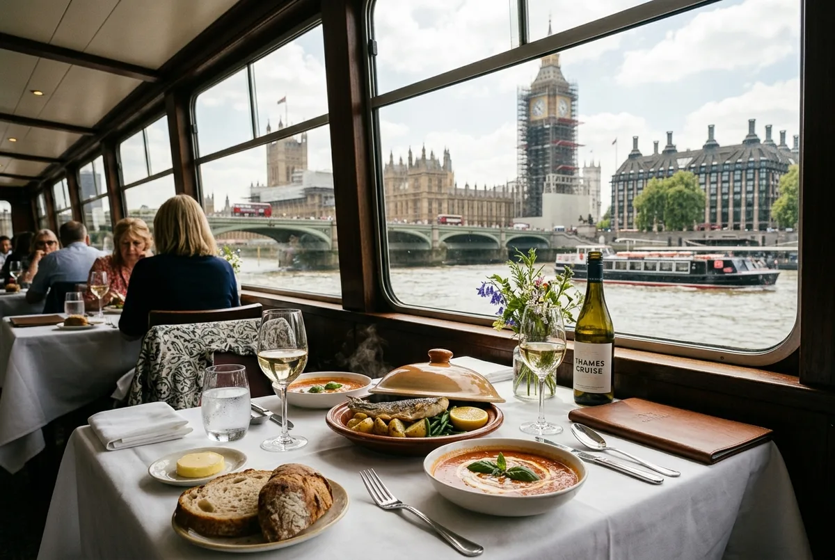 Table set for a hot two-course meal aboard a thames lunch cruise boat with the Houses of Parliament passing by the window in midday light