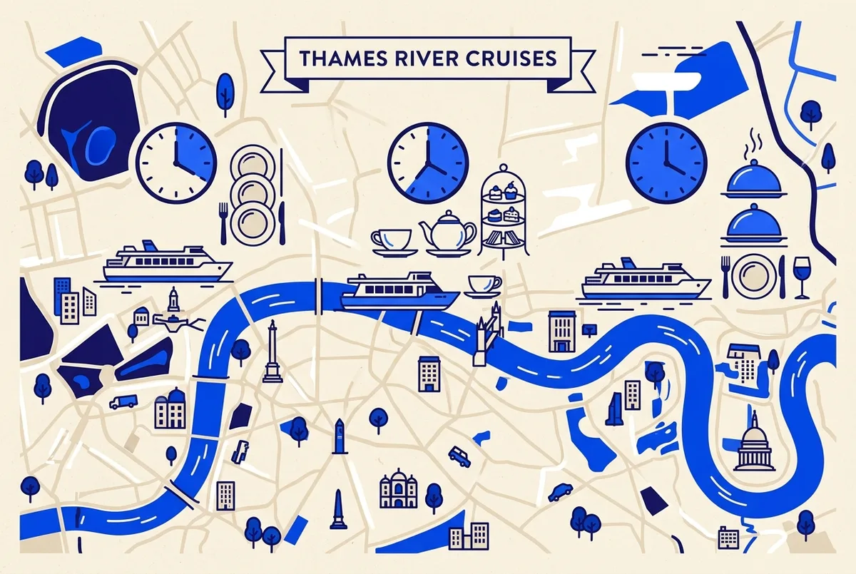 Simple infographic comparing cruise length and meal course count across a thames lunch cruise, an afternoon tea cruise, and a dinner cruise