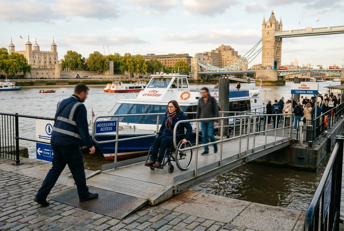 Wheelchair user boarding a Thames river cruise boat via a step-free ramp at a London pier, thames river cruise wheelchair accessible access