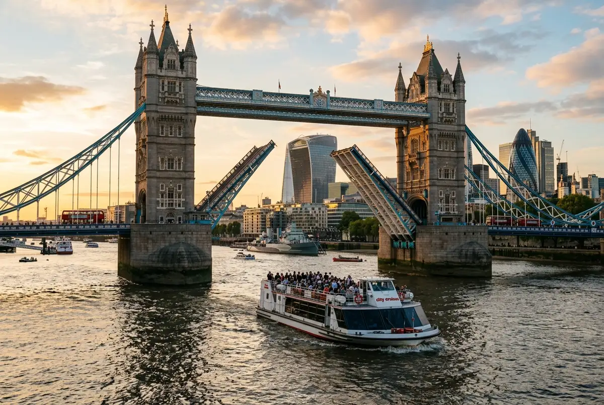 Vista amplia de un barco de crucero por el Támesis pasando bajo el Tower Bridge a la hora dorada con el perfil de Londres al fondo, escena de crucero por el tamesis
