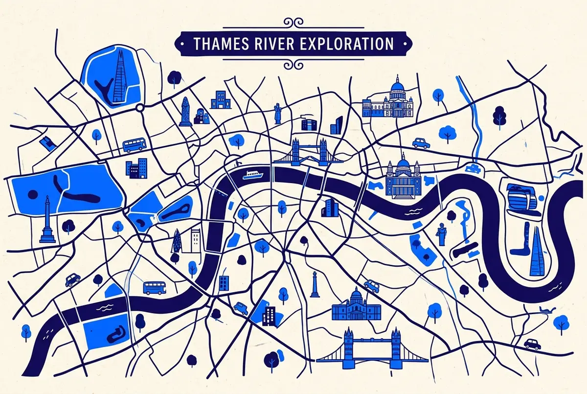 illustrated map of London highlights for Thames River Cruise: The Complete London Guide, thames river cruise