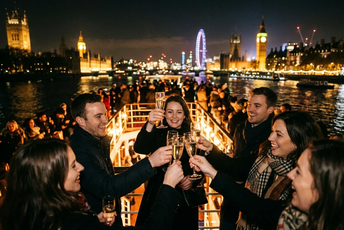 Barca da crociera sul Tamigi illuminata di notte durante la vigilia di Capodanno con i fuochi d'artificio visibili in lontananza sopra lo skyline di Londra, crociera sul tamigi capodanno