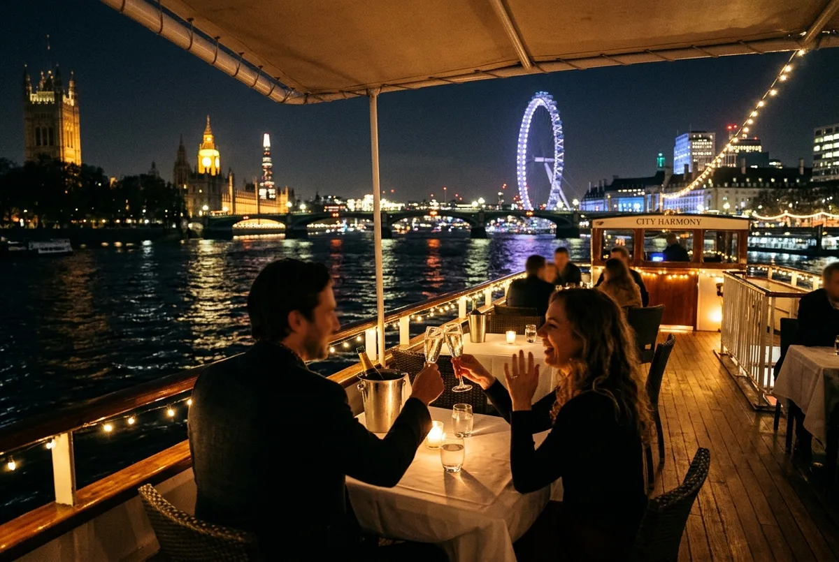 Couple celebrating with a toast at a table on a thames river cruise special occasion boat at night with the illuminated London skyline behind them