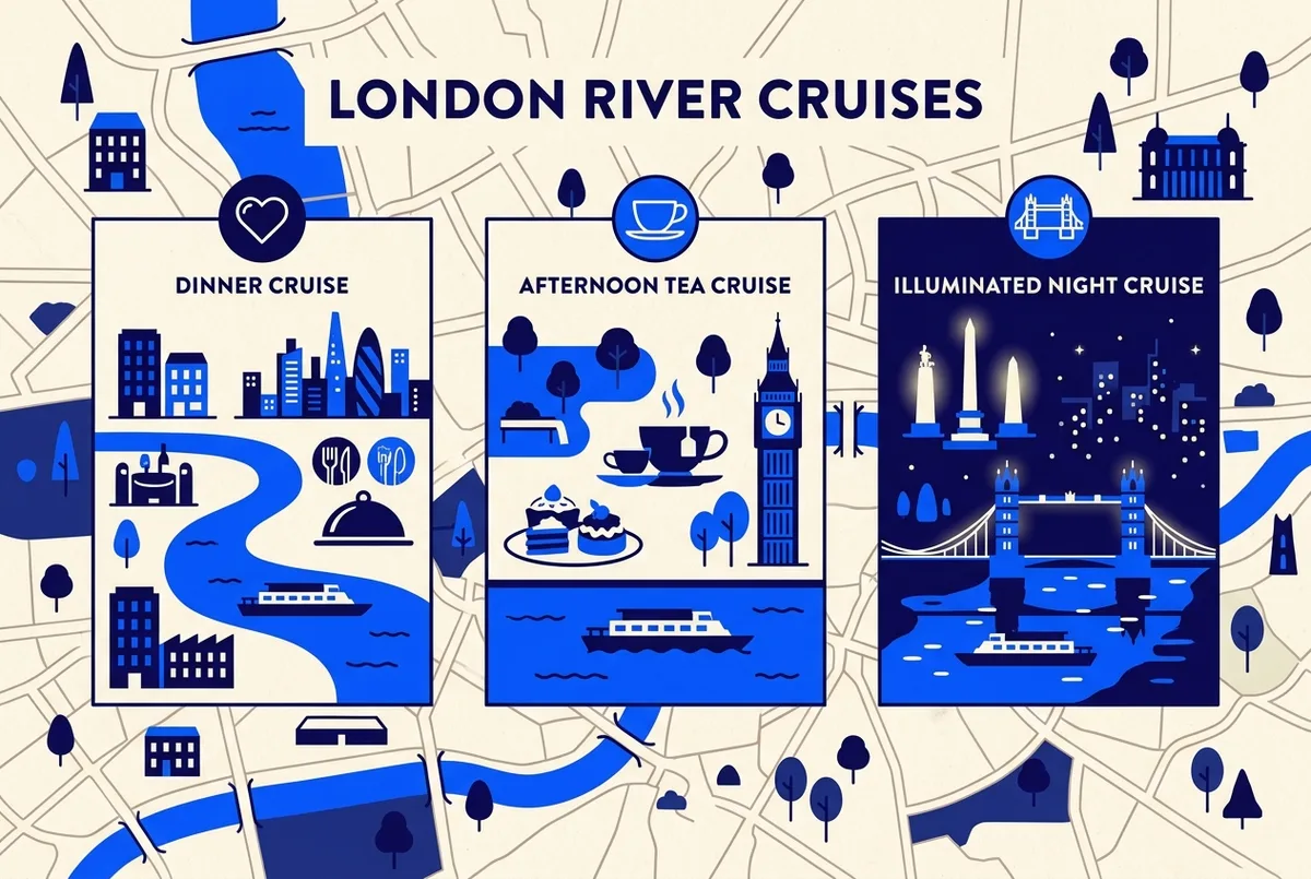 Infographic style comparison of three Thames celebration options labeled Dinner Cruise, Afternoon Tea Cruise and Illuminated Night Cruise with simple heart, teacup and bridge icons