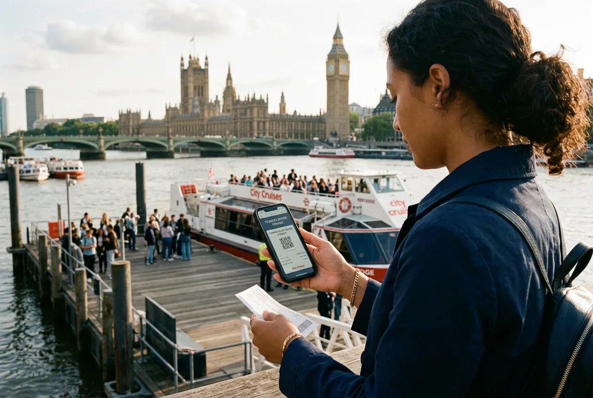 Rejsende holder en telefon med en e-billet til en sejltur på Themsen, mens vedkommende står på Westminster Pier med en sightseeingbåd i baggrunden, sejltur themsen billetter