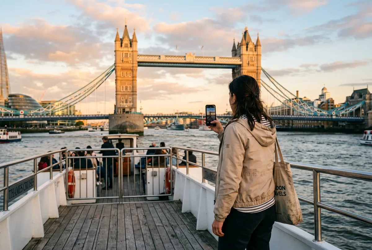 Reisender in leichter Jacke auf dem offenen Deck einer Themse Bootsfahrt hält ein Handy in der Hand, im Hintergrund die Tower Bridge, was anziehen themse bootsfahrt