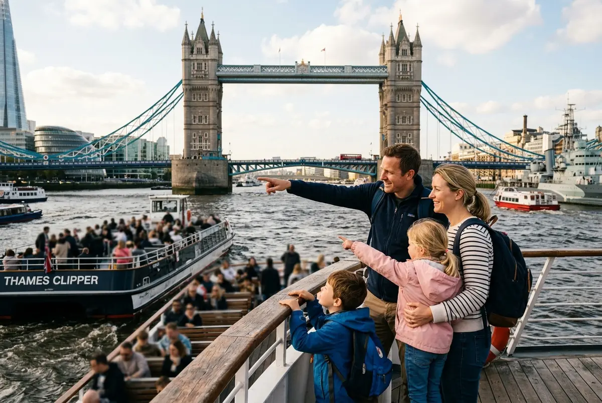 Família com uma criança pequena no deque aberto de um barco de cruzeiro no rio Tâmisa com a Tower Bridge ao fundo, cruzeiro no rio tâmisa com crianças