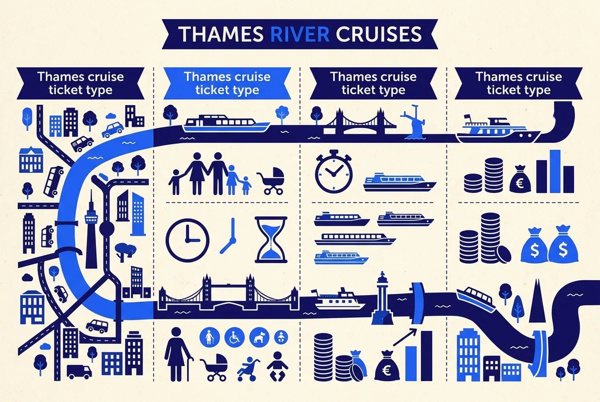 Infographie d'une journée en famille à Londres autour d'une croisière sur la Tamise, avec les arrêts Westminster, London Eye et Greenwich, infographie croisière sur la tamise en famille