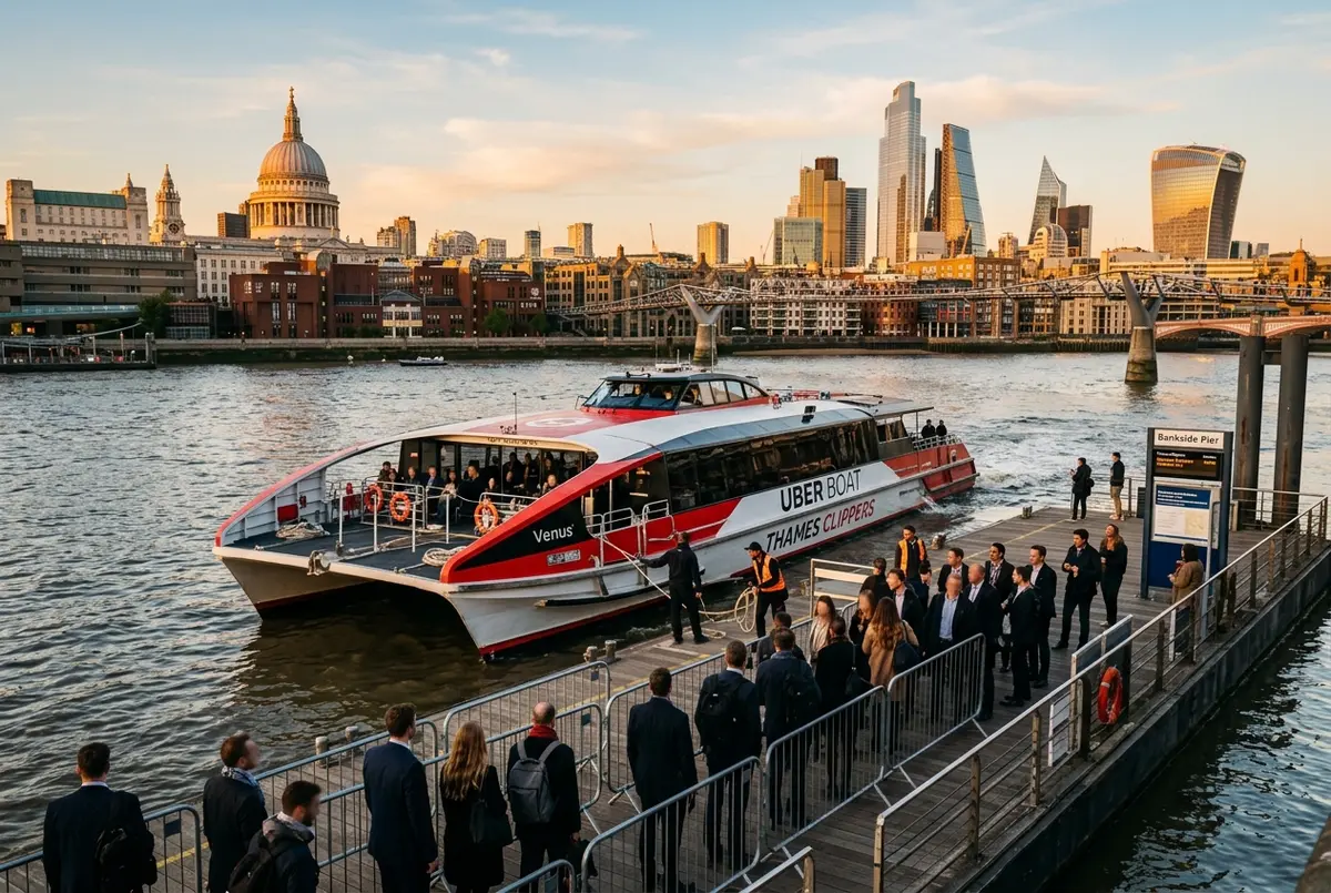 Uber Boat by Thames Clippers catamaran docking at a London pier at golden hour with commuters waiting to board, uber boat by thames clippers