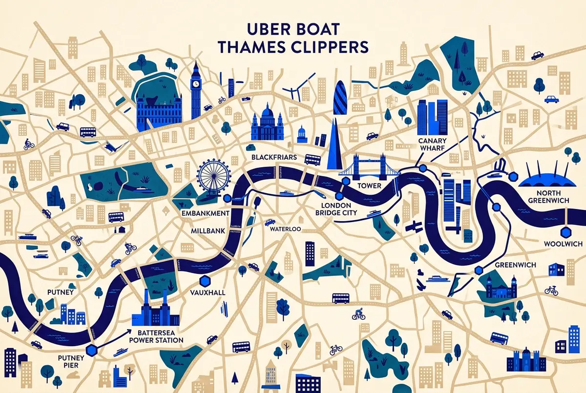 Simple route map infographic showing Uber Boat by Thames Clippers piers along the River Thames from west to east London, uber boat thames clippers pier map
