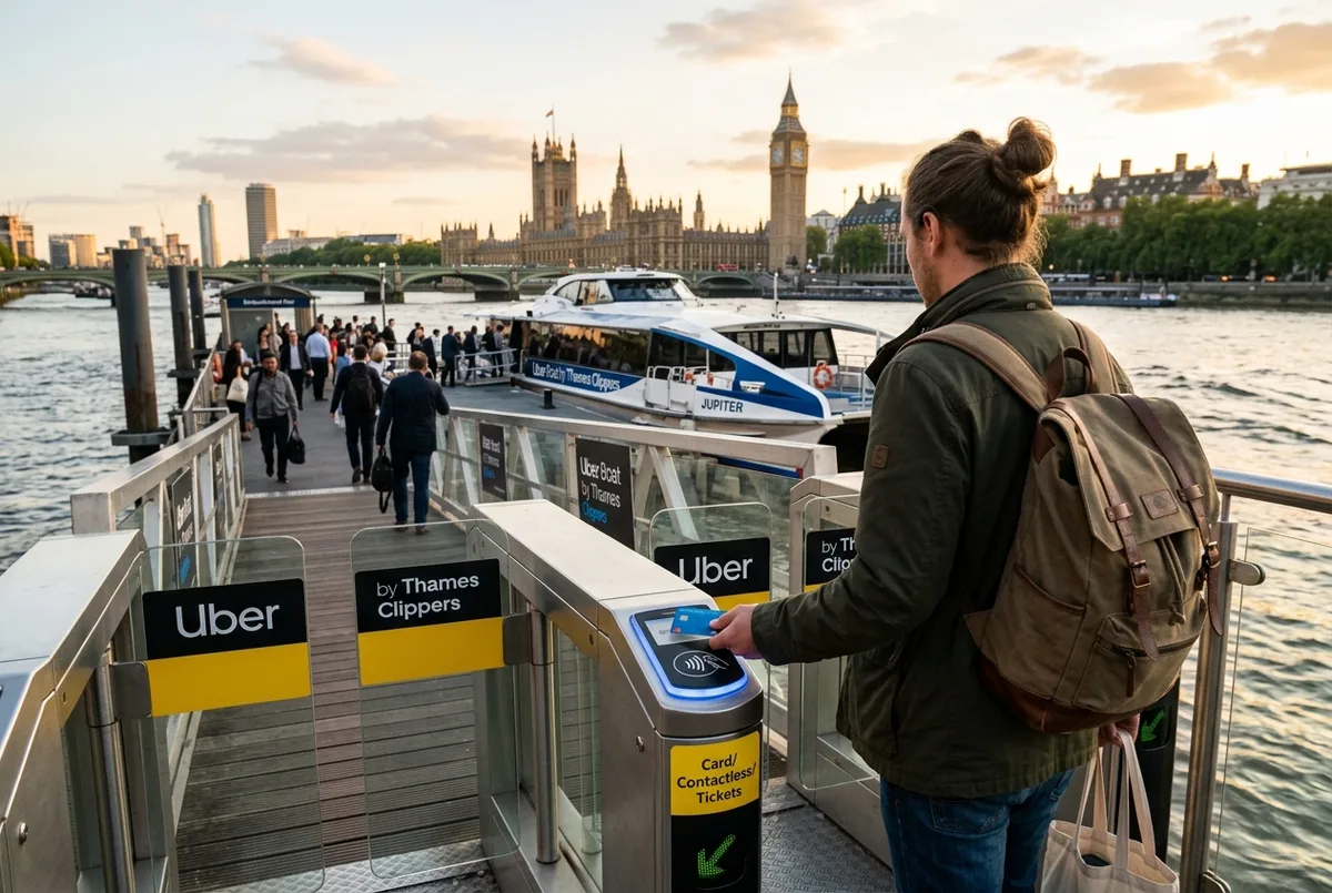 Viatger tocant una targeta contactless a la porta d'entrada d'un moll del Thames Clipper a Londres, bitllets thames clipper