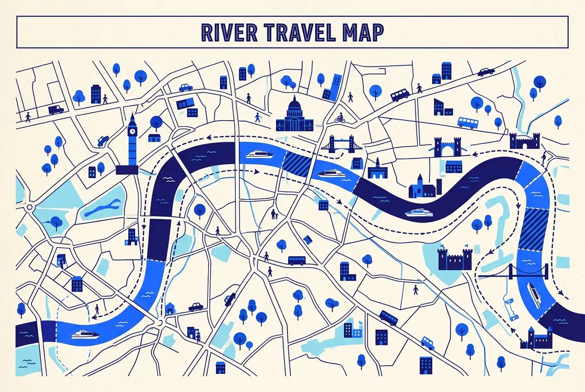 Infografica in stile mappa delle zone tariffarie di Uber Boat by Thames Clippers lungo il fiume, confrontata con il percorso di una crociera turistica sul Tamigi, mappa tariffe thames clipper tickets