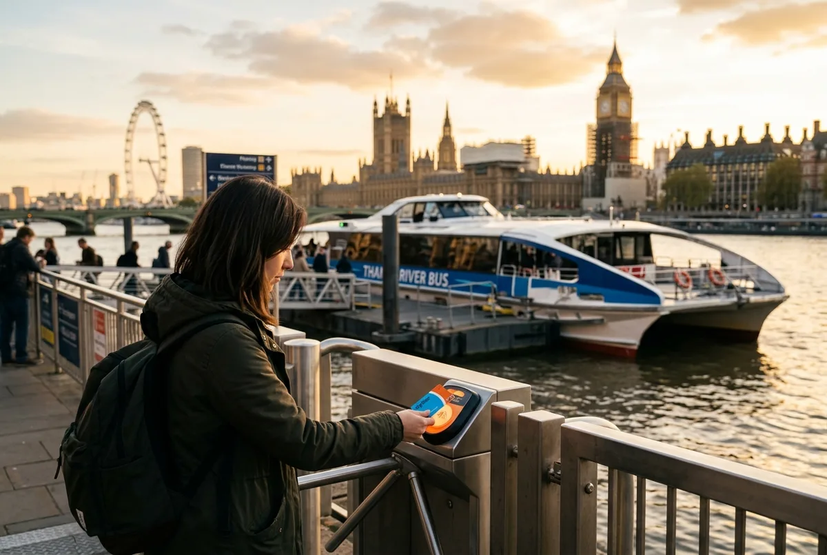Viajero tocando una Oyster Card en un lector sin contacto en la puerta de un muelle de Thames Clippers en Londres con un autobús fluvial atracado detrás a la hora dorada, escena de thames clipper oyster card