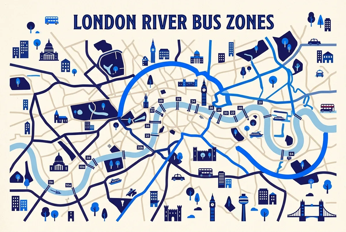 Mapa sencillo de las zonas tarifarias de TfL en el río Thames Clipper desde el oeste hasta el este de Londres por colores, zonas de thames clipper oyster card