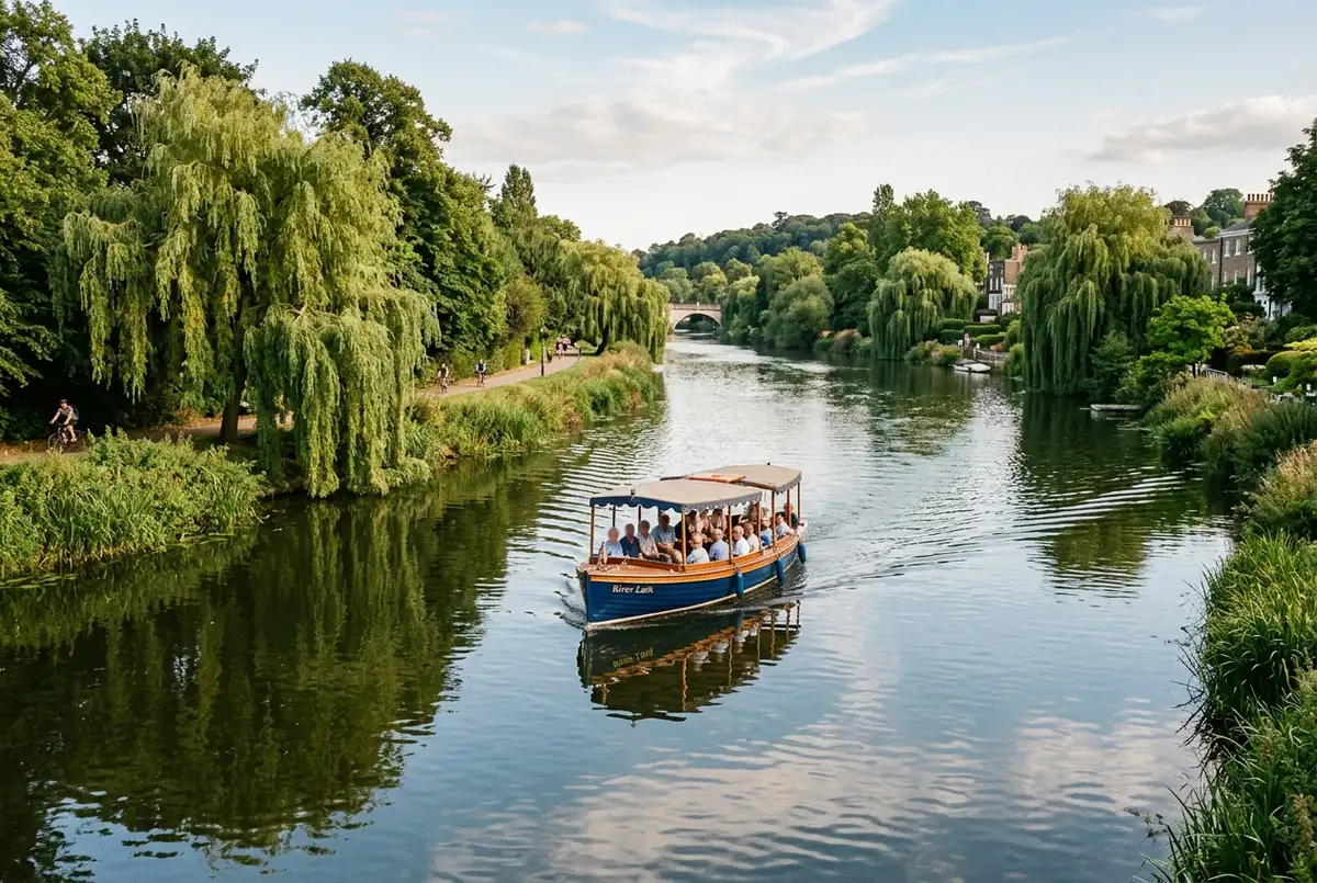 Small sightseeing boat cruising a quiet, leafy stretch of the River Thames near Richmond with willow trees along the bank, upriver thames boat trip