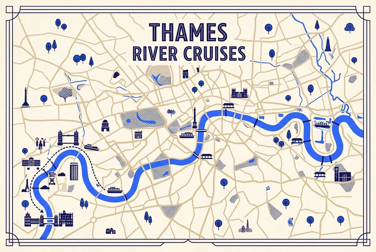 Map of the River Thames showing the central Westminster to Greenwich cruise route alongside the separate upriver stretch toward Kew, Richmond and Hampton Court, upriver thames boat trip route map