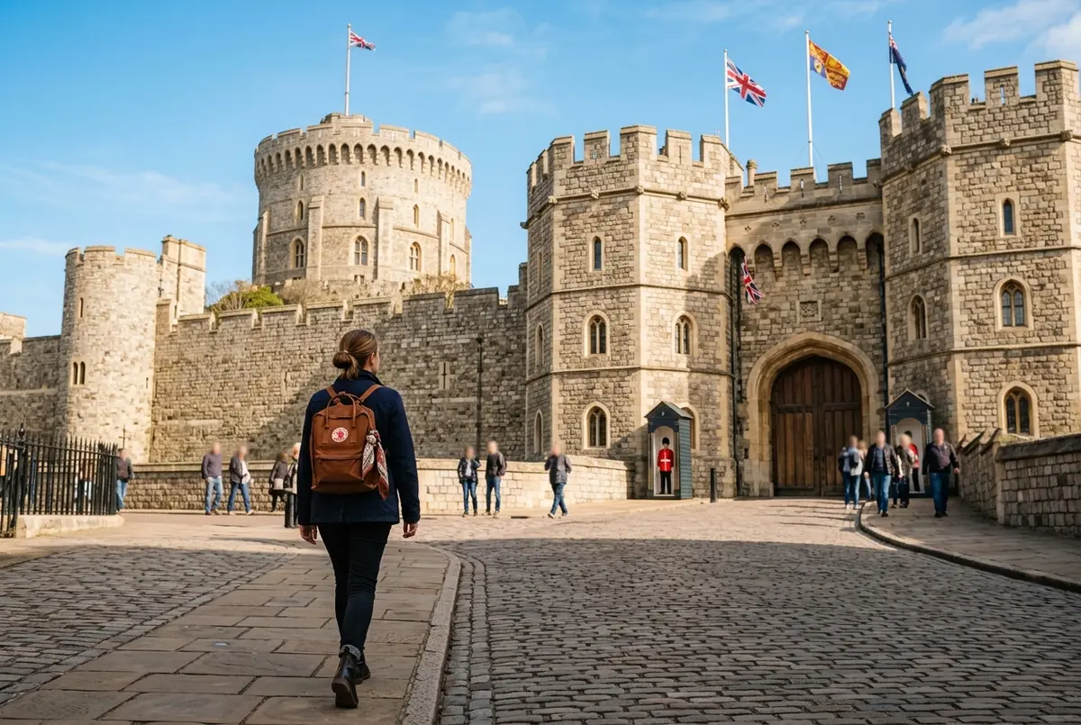 Traveler walking toward the entrance of Windsor Castle on a clear day with the Round Tower visible above the castle walls, london day trip windsor castle scene
