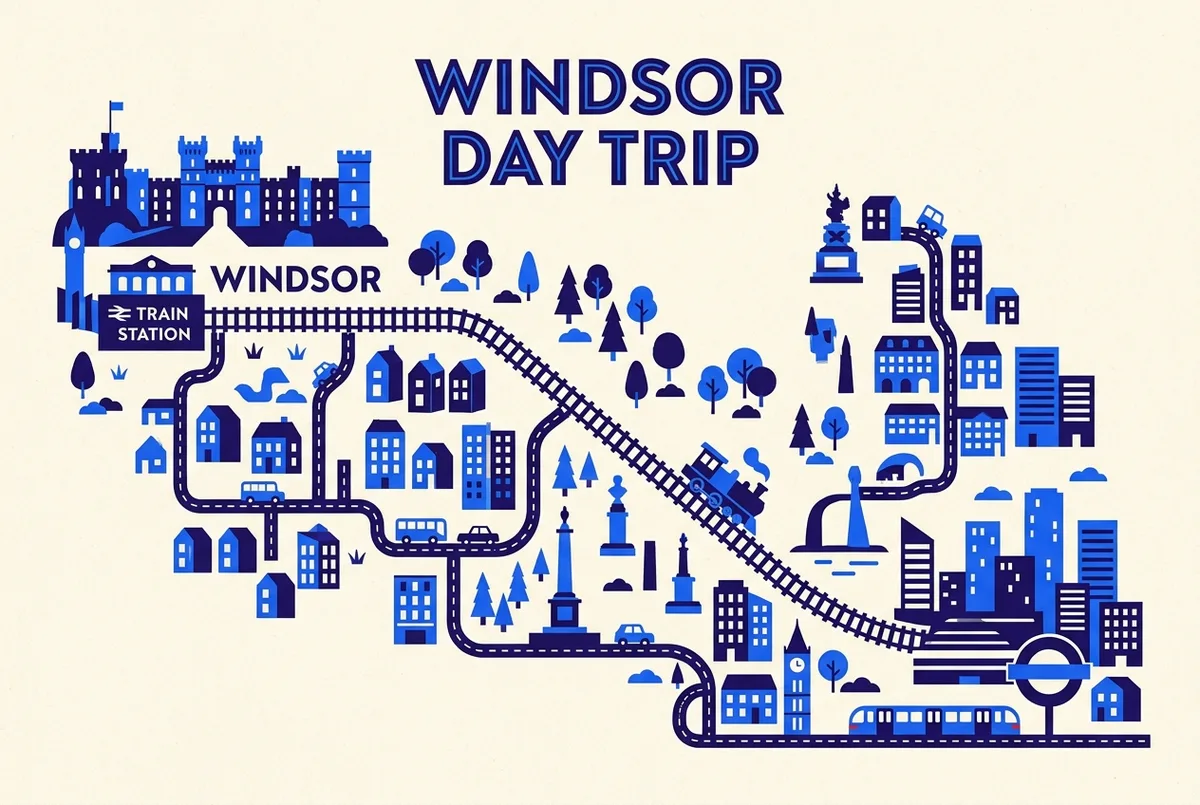 Simple infographic showing a direct rail route from London Paddington to Windsor and Eton Central with Windsor Castle marked at the end, london day trip windsor castle route