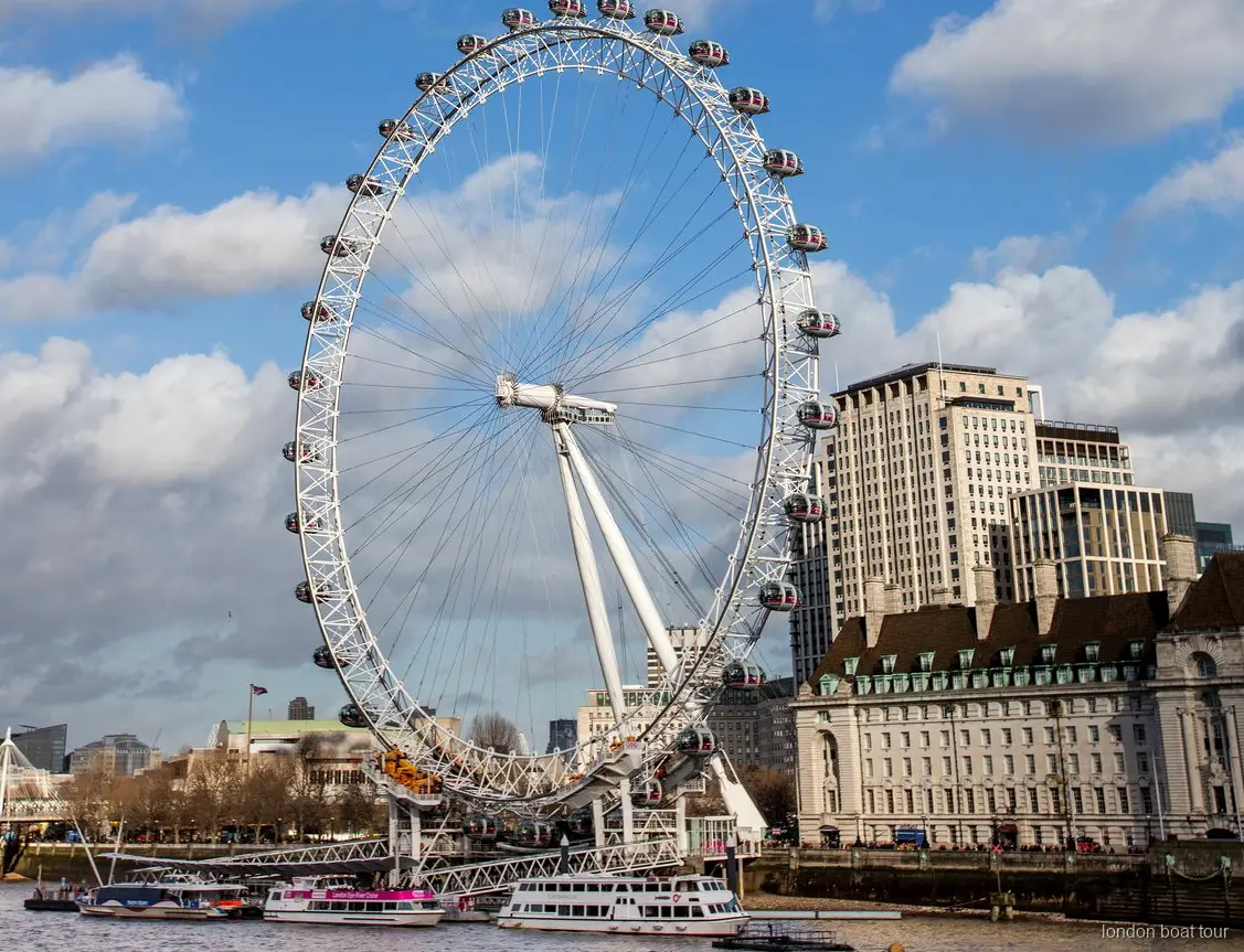 Passagerare på en London Eye flodkryssningsbåt som passerar Tower Bridge