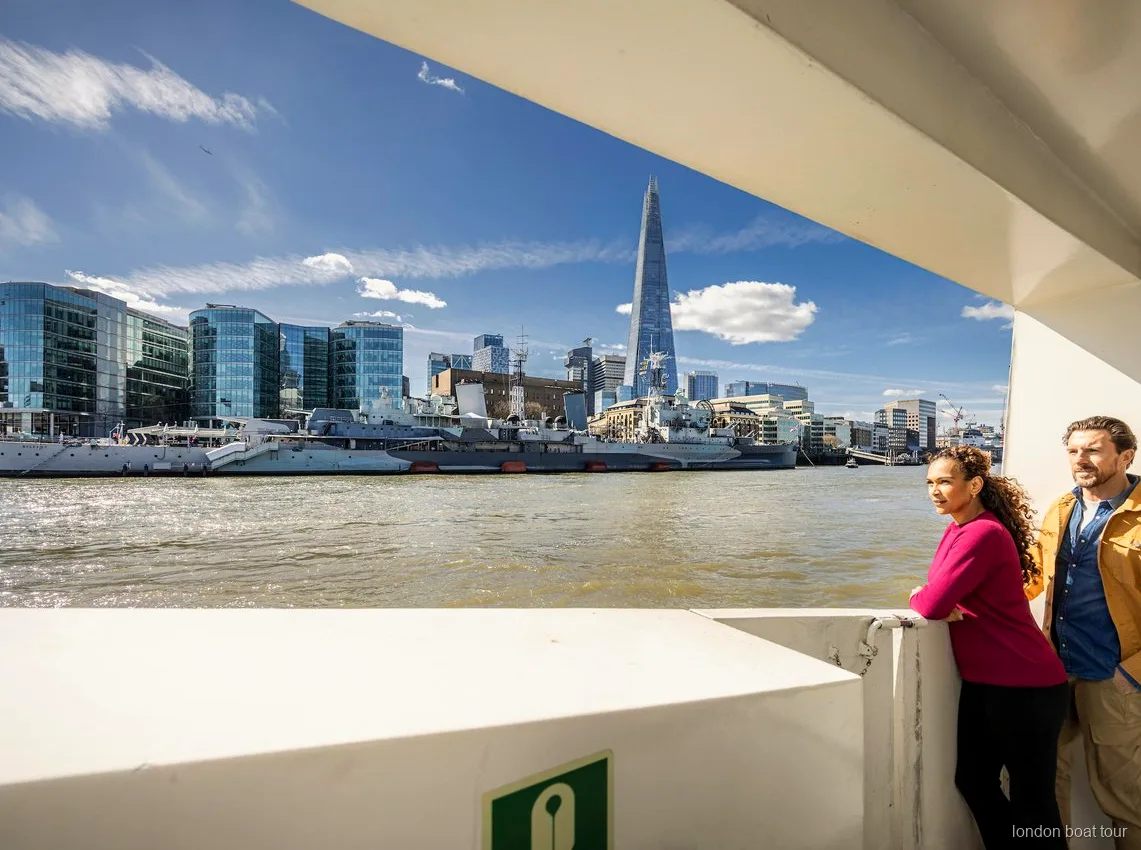 ロンドンの名所を背景にしたテムズ川乗り降り自由クルーズの屋外デッキ