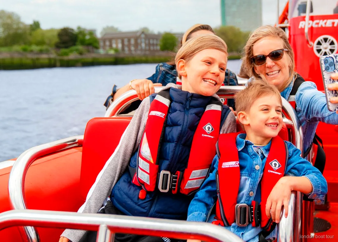Thames speedboat tour launching at speed past the London Eye